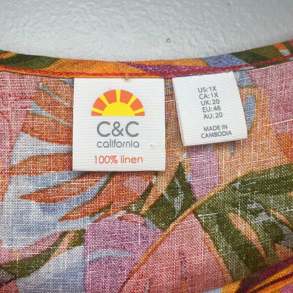 C&C California Leaf Print 100% Linen Tunic Size 1X Resort Beach Boho Relaxed - Picture 3 of 9